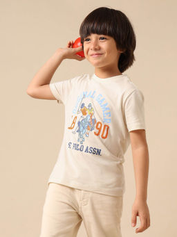 U.S. POLO ASSN. - Boys Off White Pure Cotton Brand Printed T-shirt