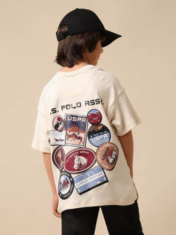 U.S. POLO ASSN. - Boys Off White Graphic Brand Printed Boxy Fit T-shirt