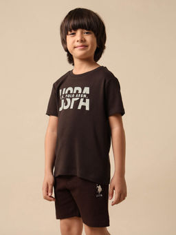 U.S. POLO ASSN. - Boys Dark Brown Pure Cotton Brand Printed T-shirt