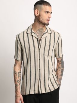 The Bear House - Mens Beige Stripe Casual Shirt