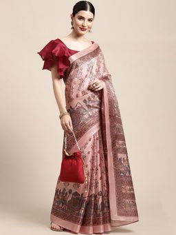 Akhilam - Womens Tussar Silk Mauve Printed Designer Saree with Unstitched Blouse