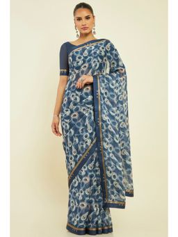 Soch - Women Blue Chiffon Printed Saree with Unstitched Blouse