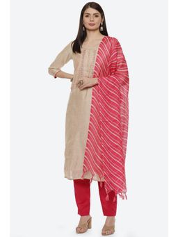 Biba - Beige Chanderi Unstitched Suit (Set of 3)