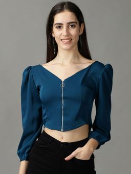 SHOWOFFFF - Womens Long Sleeves V-Neck Teal Solid Top