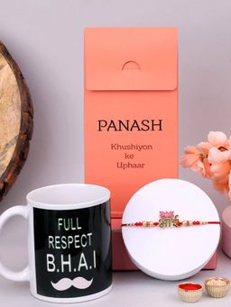 PANASH - Plated Name of Bhai with Lotus Shaped Thread Rakhi with Mug & Roli Chawal