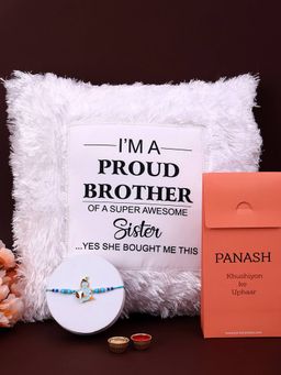 PANASH - Plated Krishna Shaped Thread Rakhi with LED Pillow Gift Set & Roli Chawal