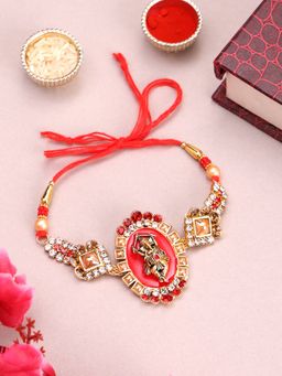 PANASH - Plated Ganesh Shaped Beads Stone Studded Rakhi with Roli Chawal