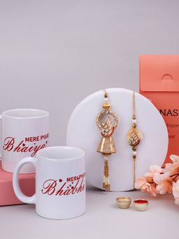 PANASH - Plated Beaded & Stone Studded Bhaiya Bhabhi Rakhis & Printed Mug & Roli Chawal