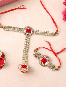 PANASH - Plated Floral Shpaed Bhaiya Bhabhi Bracelet with Ring Rakhis with Roli Chawal