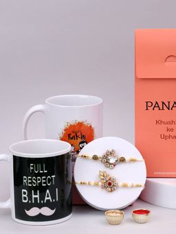 PANASH - Plated Floral & Leaf Shaped Stone Studded Rakhis & Printed Mug & Roli Chawal