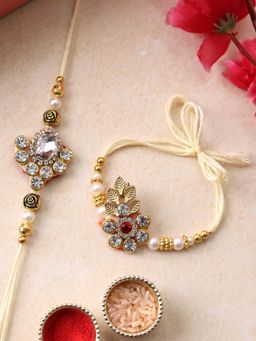 PANASH - Plated Floral with Leaf Shaped Stone Studded Rakhis with Roli Chawal