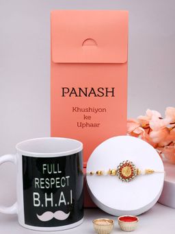 PANASH - Plated Stone Studded Beaded Rakhi with Printed Mug & Roli Chawal