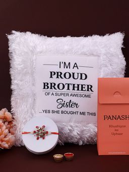 PANASH - Plated Beaded Floral Shaped Thread Rakhi with LED Pillow Gift Set & Roli Chawal