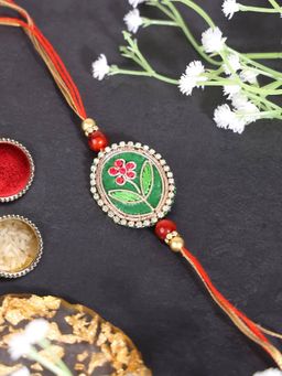 PANASH - Plated Beaded Floral Shaped Thread Rakhi with Roli Chawal