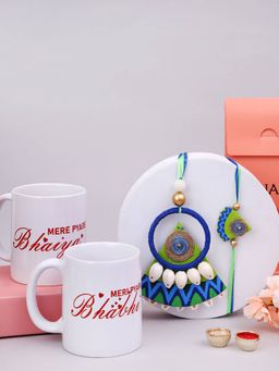 PANASH - Sea Shell Beaded Thread Bhaiya Bhabhi Rakhis with Printed Mugs & Roli Chawal