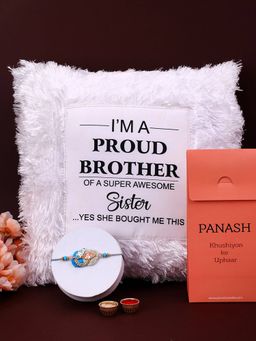 PANASH - Plated Beaded & Stone Studded Thread Rakhis with LED Pillow Gift Set & Roli Chawal