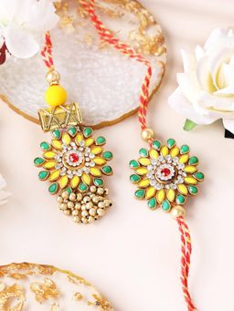 PANASH - Plated Floral Shaped Stone Studded Bhaiya Bhabhi Rakhis with Roli Chawal