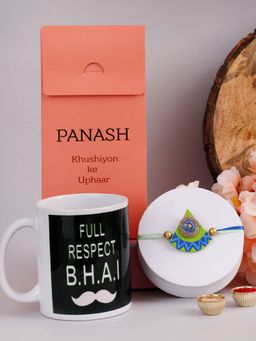 PANASH - Plated Beaded Thread Rakhi with with Printed Mug & Roli Chawal