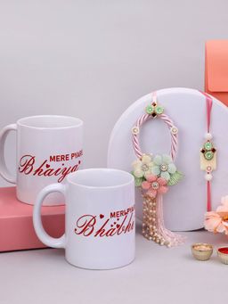 PANASH - Plated Floral Shaped Bhaiya Bhabhi Rakhis with Printed 2 Mug & Roli Chawal