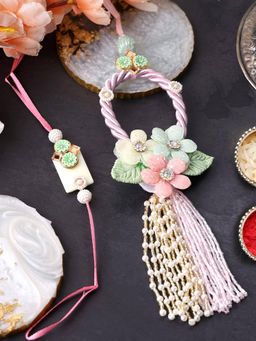 PANASH - Plated Floral Shaped Stone Studded Bhaiya Bhabhi Rakhis with Roli Chawal