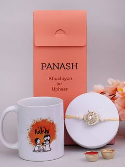 PANASH - Plated Beaded & Stone Studded Thread Rakhi with with Printed Mug & Roli Chawal