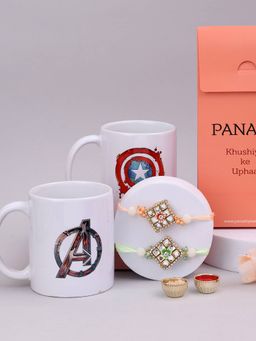 PANASH - Plated Floral Shaped Bhaiya Bhabhi Rakhis & Printed 2 Mug & Roli Chawal