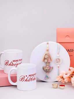PANASH - Plated Multi Color Bhaiya Bhabhi Rakhis with with Printed 2 Mug & Roli Chawal