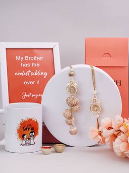 PANASH - Plated Beaded Floral Shaped Bhaiya Bhabhi Rakhis & Photo Frame & Mug Roli Rice