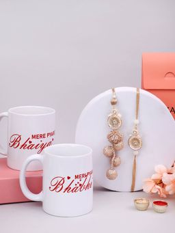 PANASH - Plated Beaded Floral Shaped Bhaiya Bhabhi Rakhi with Printed Mug & Roli Chawal