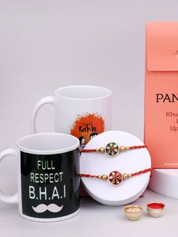 PANASH - Plated Floral Shaped Thread Rakhis with with Printed 2 Mug Roli Chawal