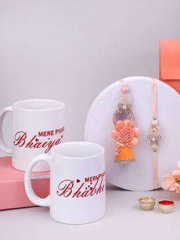PANASH - Plated Floral Shaped Stone Stud Bhaiya Bhabhi Rakhis & 2 Mugs Roli Chawal