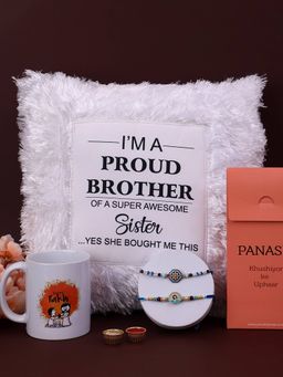 PANASH - Plated Beaded Thread Rakhis with Mug & LED Pillow Gift Set & Roli Chawal