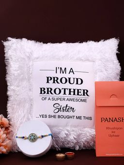 PANASH - Plated Beaded & PearlsThread Rakhi with LED Pillow Gift Set & Roli Chawal