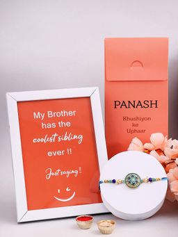 PANASH - Plated Beaded & PearlsThread Rakhi with Photo Frame, Roli & Chawal