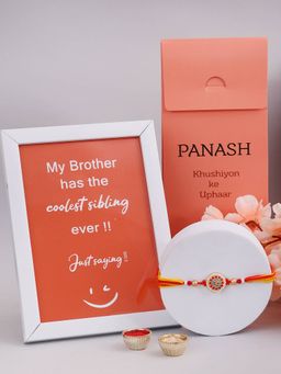 PANASH - Plated Om Shaped Beaded Thread Rakhi with Photo Frame, Roli & Chawal