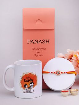 PANASH - Plated Om Shaped Beaded Thread Rakhi with Printed Mug & Roli Chawal