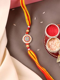 PANASH - Plated Om Shaped Beaded Thread Rakhi with Roli Chawal