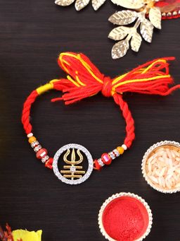 PANASH - Plated Trident Shaped Beaded with Stone Studded Thread Rakhi with Roli Chawal