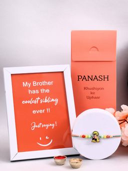 PANASH - Plated Ganesh Temple Shaped Rakhi with Photo Frame, Roli & Chawal