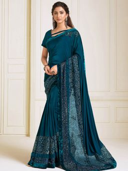 Odette - Teal Blue Lycra Designer Saree with Unstitched Blouse