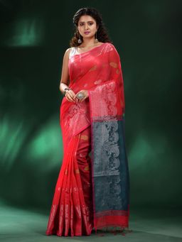CHARUKRITI - Red Blended Cotton Handwoven Contrast Pallu Saree with Unstitched Blouse