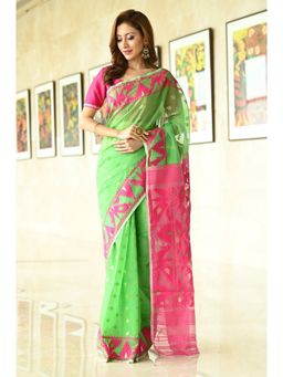 Beatitude - Green shade Handwoven Jamdani cotton Saree with Unstitched Blouse