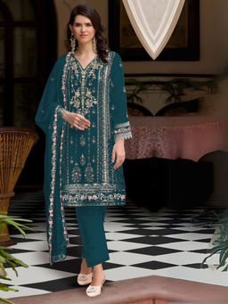 Odette - Teal Embroidered Semi-Stitched Kurta & Bottom with Dupatta (Set of 3)