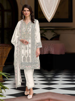 Odette - White Embroidered Semi-Stitched Kurta & Bottom with Dupatta (Set of 3)