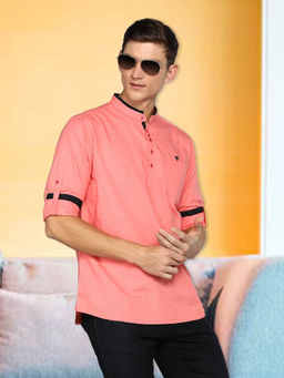 KUONS AVENUE - Mens Peach Linen Cotton Short Kurta