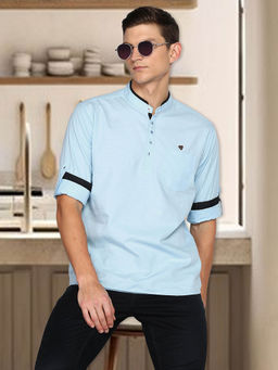 KUONS AVENUE - Mens Blue Linen Cotton Short Kurta