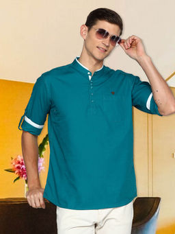 KUONS AVENUE - Mens Teal Linen Cotton Short Kurta