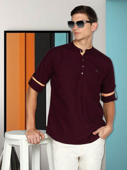 KUONS AVENUE - Mens Burgundy Linen Cotton Short Kurta