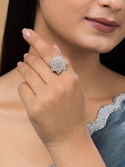 Teejh - Royal Radiance Floral CZ Stones Silver Plated Adjustable Ring