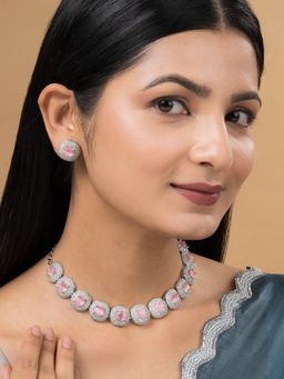 Teejh - Celeste Silver Plated Pink Stone Necklace Set